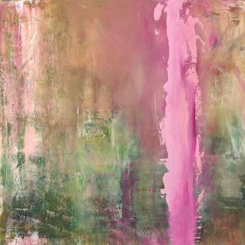 abstract painting in green and pink