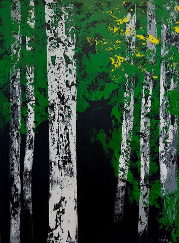 abstract trees in black, white, green, and yellow by artist Jay Exon