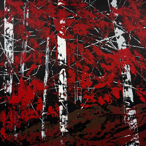 abstract painting in red, white, and black colors by artist Jay Exon