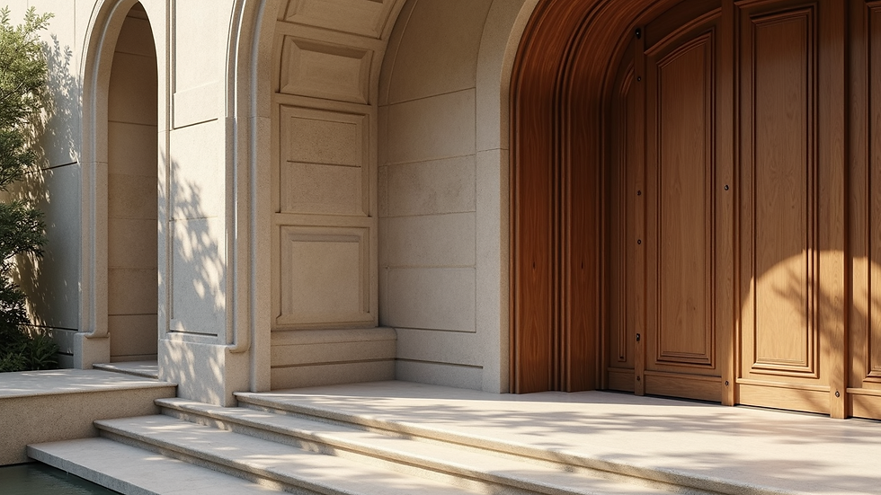 Close-up view of a luxury maison’s intricate stone facade and custom woodwork