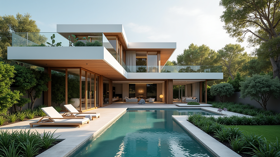 Eye-level view of a modern luxury villa exterior with landscaped gardens