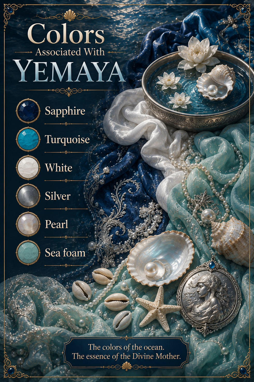 Decorative infographic of YEMAYA colors: sapphire, turquoise, white, silver, pearl, sea foam; seashells, pearls, starfish, ocean-blue fabric.