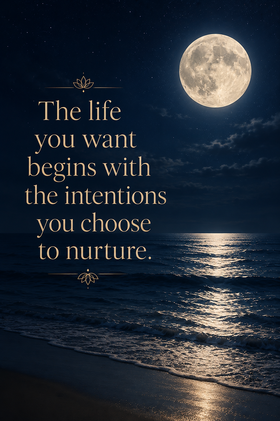 Full moon over dark ocean at night with gold quote: The life you want begins with the intentions you choose to nurture.