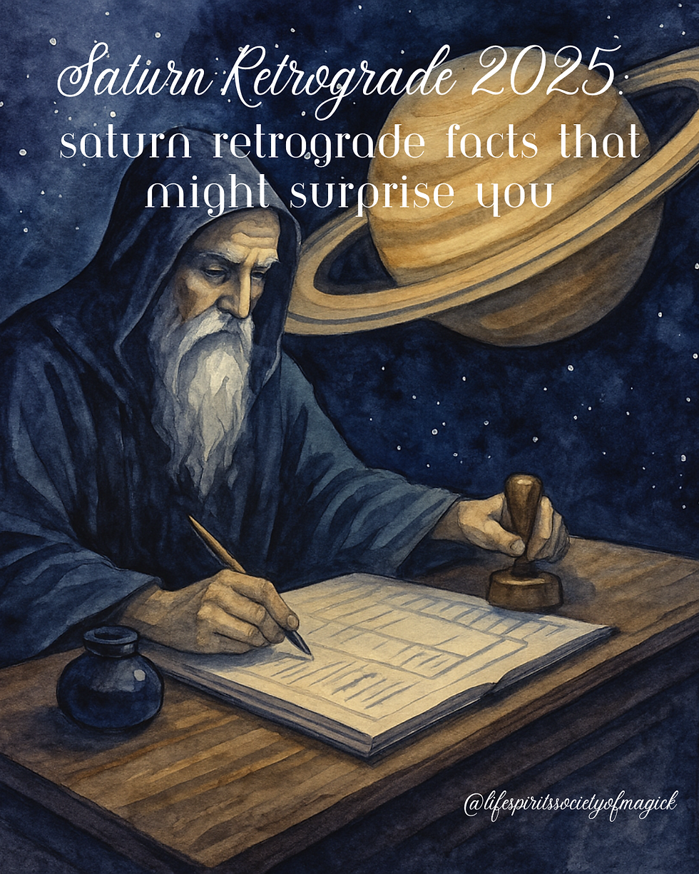 A robed figure writes with a quill by an open book, Saturn visible in the night sky. Text reads "Saturn Retrograde 2025." Mood is mystical.