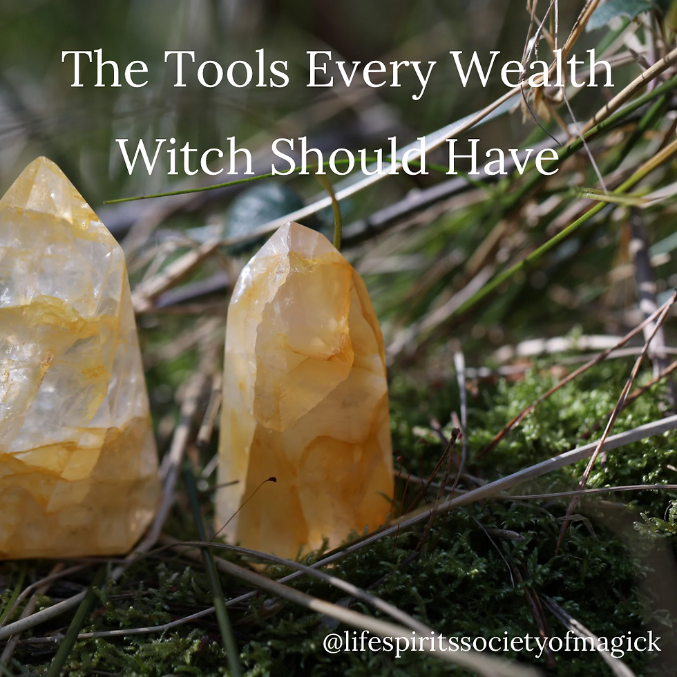 Two polished yellow crystals on a grassy forest floor. Text reads: The Tools Every Wealth Witch Should Have. Mood is mystical.