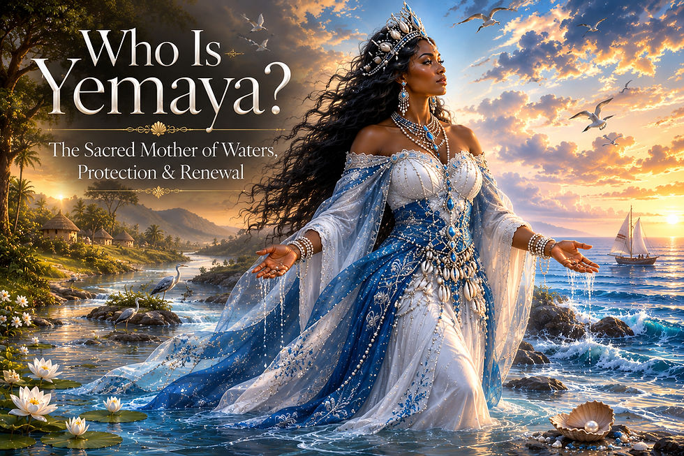 Woman in jeweled blue-white gown at sunset by the sea; text reads Who Is Yemaya? The Sacred Mother of Waters, Protection & Renewal