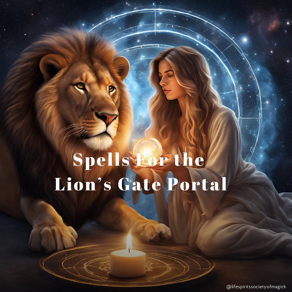Woman doing a spell and holding a crystal ball next to a lion with a big blue portal behind them.
