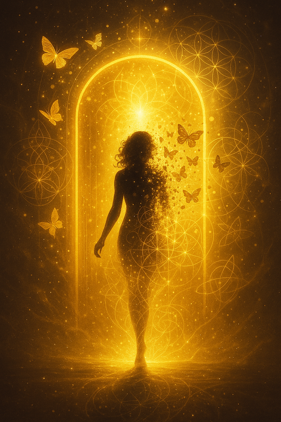 Silhouette of a person walking through a glowing golden archway with butterflies surrounding. Intricate patterns. Mystical and serene mood.