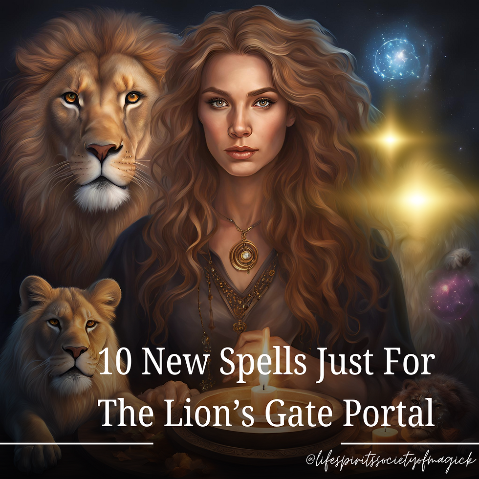 Witch doing a candle spell with lions around her.