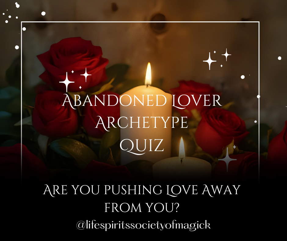Lit candle among red roses with text "Abandoned Lover Archetype Quiz" and "Are you pushing love away?" Mood is romantic and mysterious.