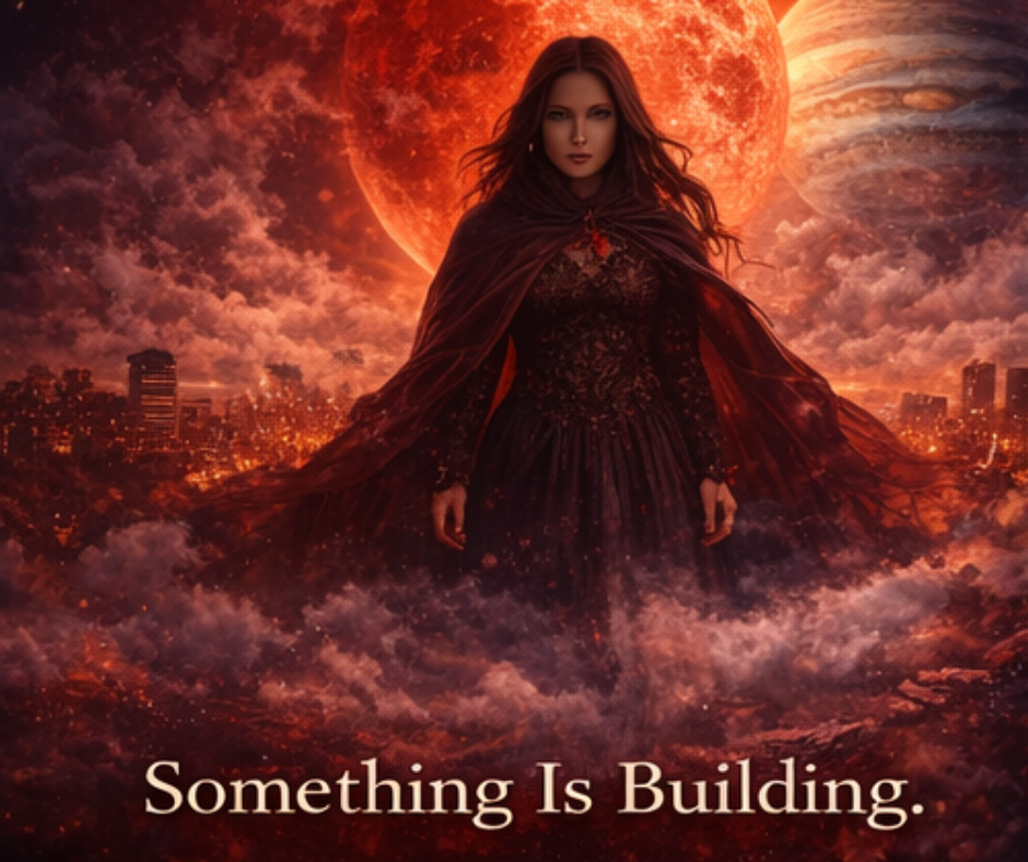A woman in a dark dress and cape stands against a fiery sky with planets. Text reads "Something Is Building." Eerie and dramatic atmosphere.