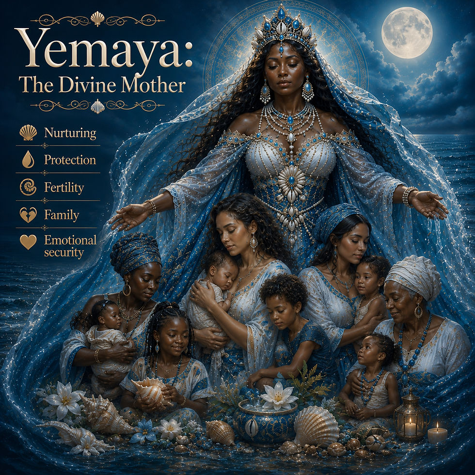 Yemaya, The Divine Mother, in blue and gold by a moonlit sea, surrounded by women and children; text reads nurturing, protection.