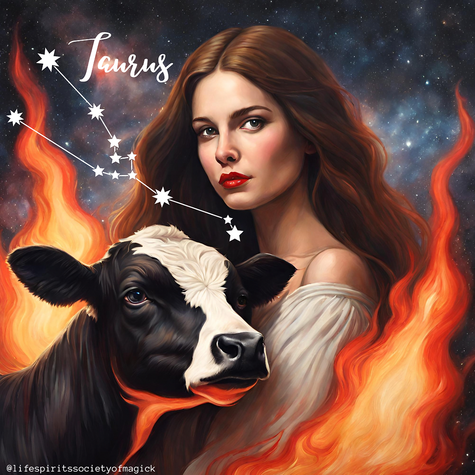 Brown haired, brown eyed woman wearing a beige dress and by a black and white cow. A galaxy and flame background. The words Taurus on the top left corner. @lifespiritssocietyofmagick on the bottom left corner.