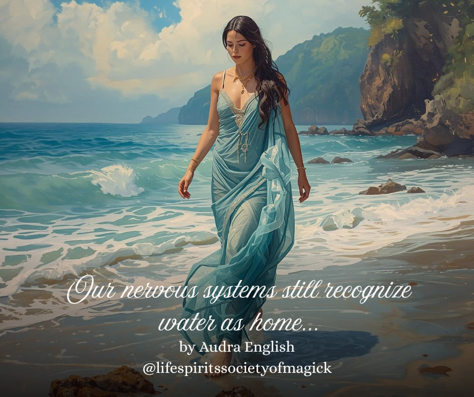Woman in a flowing teal dress walks along a scenic beach. Text: "Our nervous systems still recognize water as home..." Coastal cliffs and waves in the background.