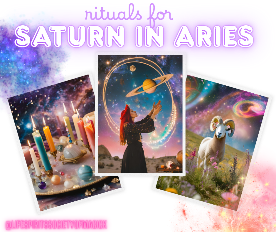 Vibrant image with three mystical scenes: candles on spacey table, person reaching for Saturn, and ram in cosmic meadow. Text: Rituals for Saturn in Aries.
