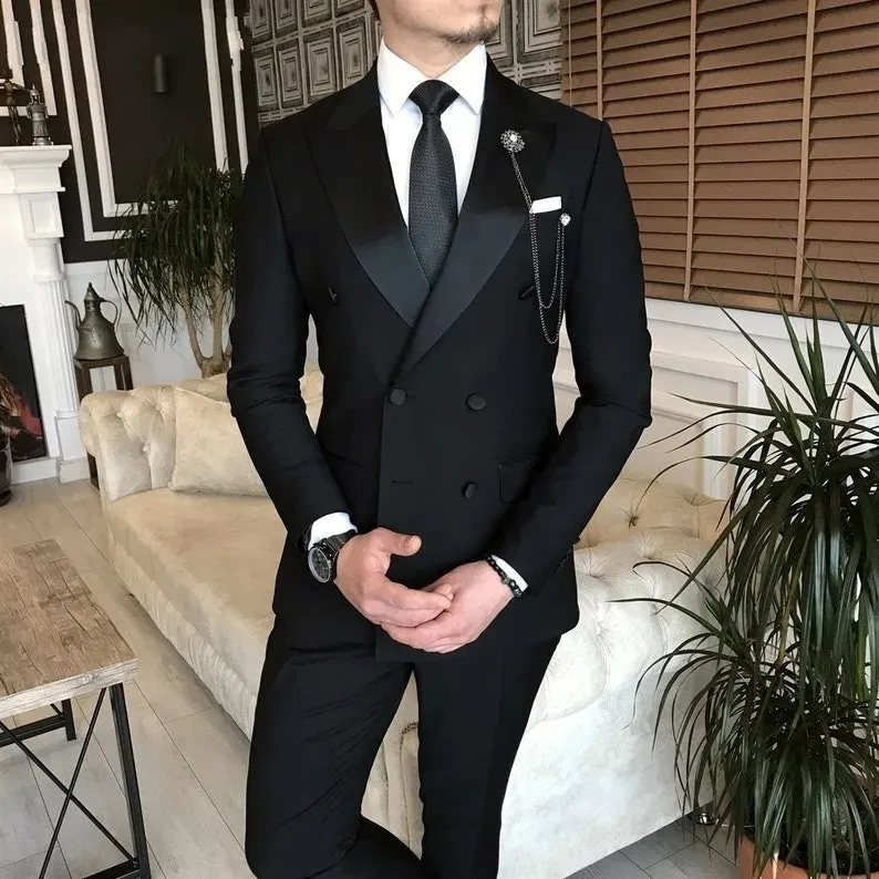 Thumbnail: 2 Pieces Jacket+Pants Black Suits for Men Peaked Lapel Double Breasted Bespoke B