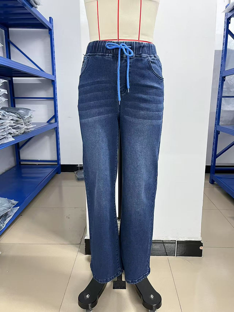 Thumbnail: Casual Style High Waist Straight Leg Denim Jeans Women's Elastic Fabric Drawstri