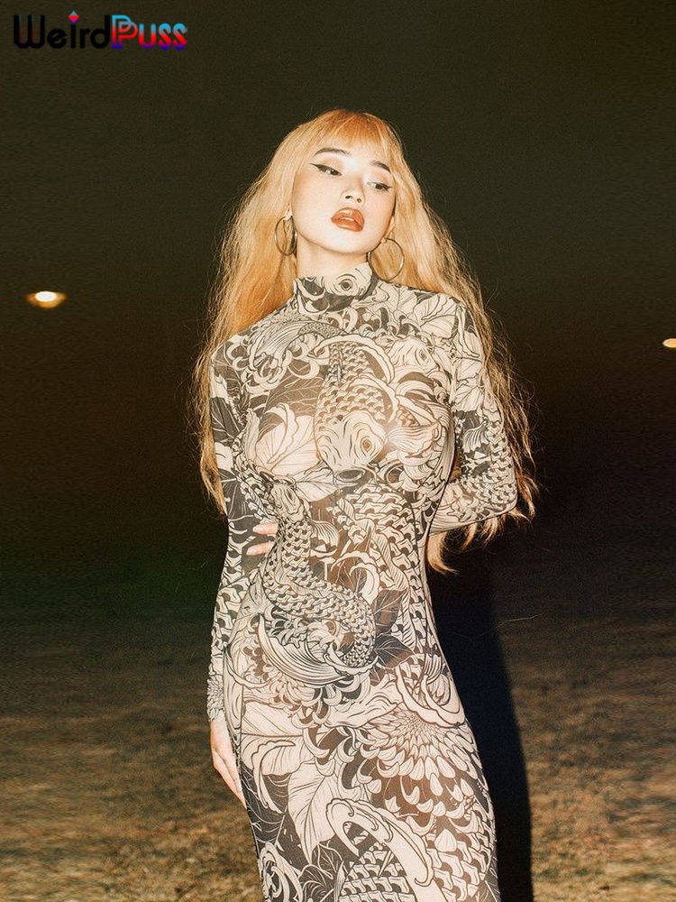 Thumbnail: Weird Puss Mesh Print Women Maxi Dress Turtleneck Full Sleeve Bodycon Autumn Tre