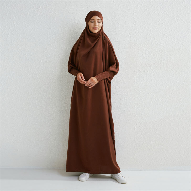 Thumbnail: Muslim Abaya Hooded Smocking Sleeve One-piece Prayer Dress Women Jilbab Islamic 
