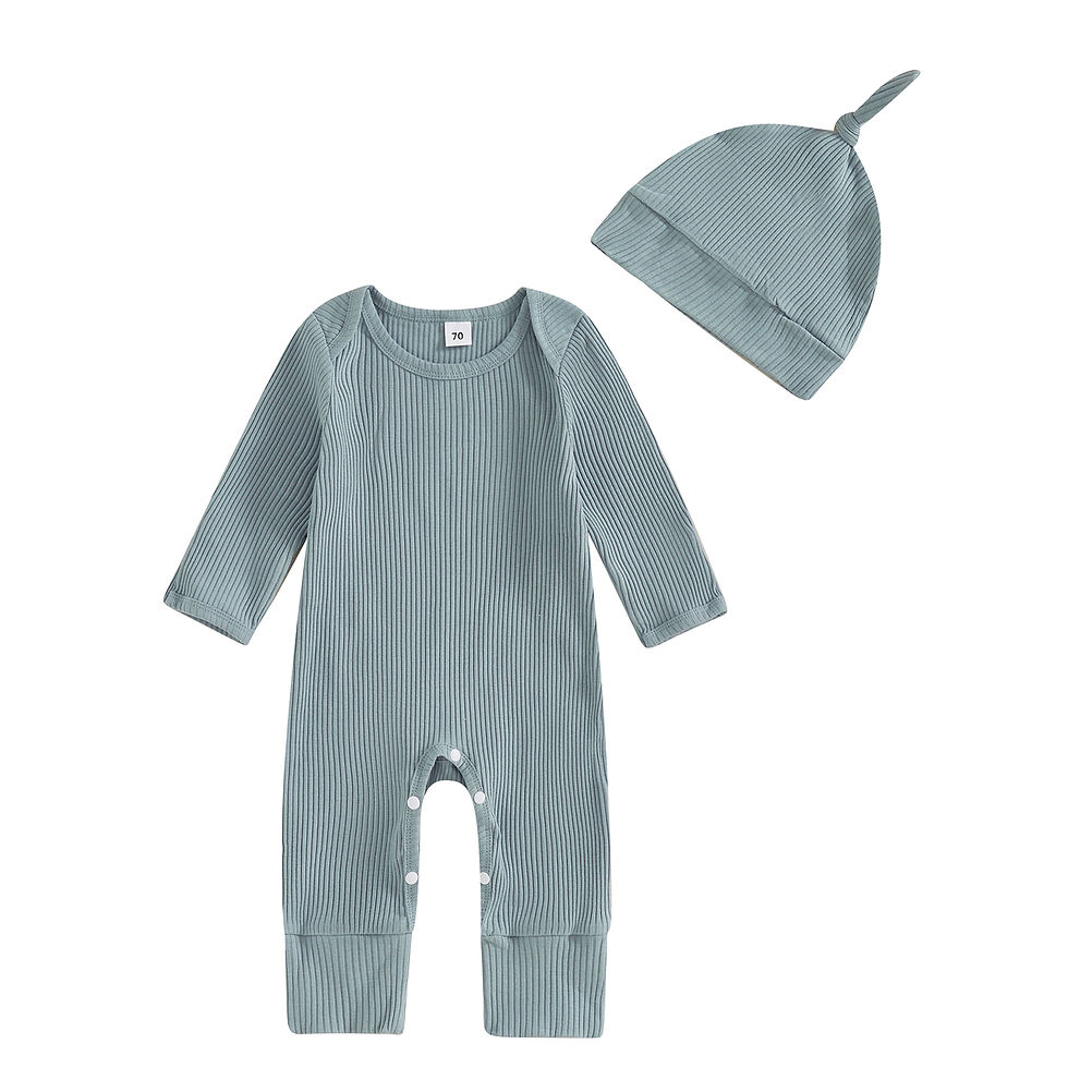 Thumbnail: Solid Ribbed Long Sleeve Newborn Baby Romper with Hats Soft Casual Full Length G