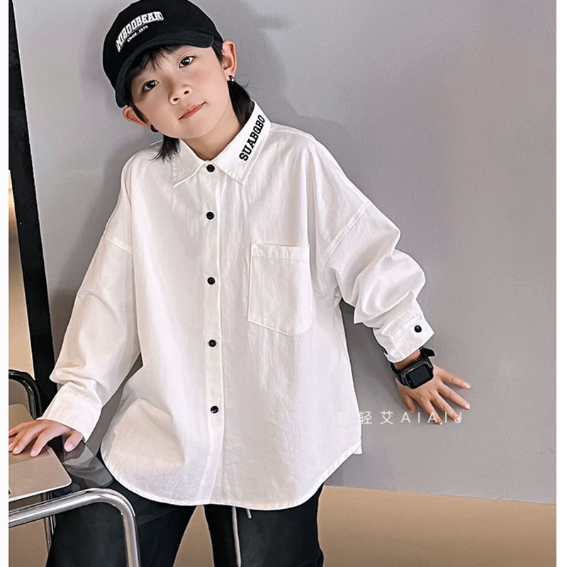 Thumbnail: New 3-12 Years Spring Autumn Boys Shirt Solid Color Single Breasted Stand Collar