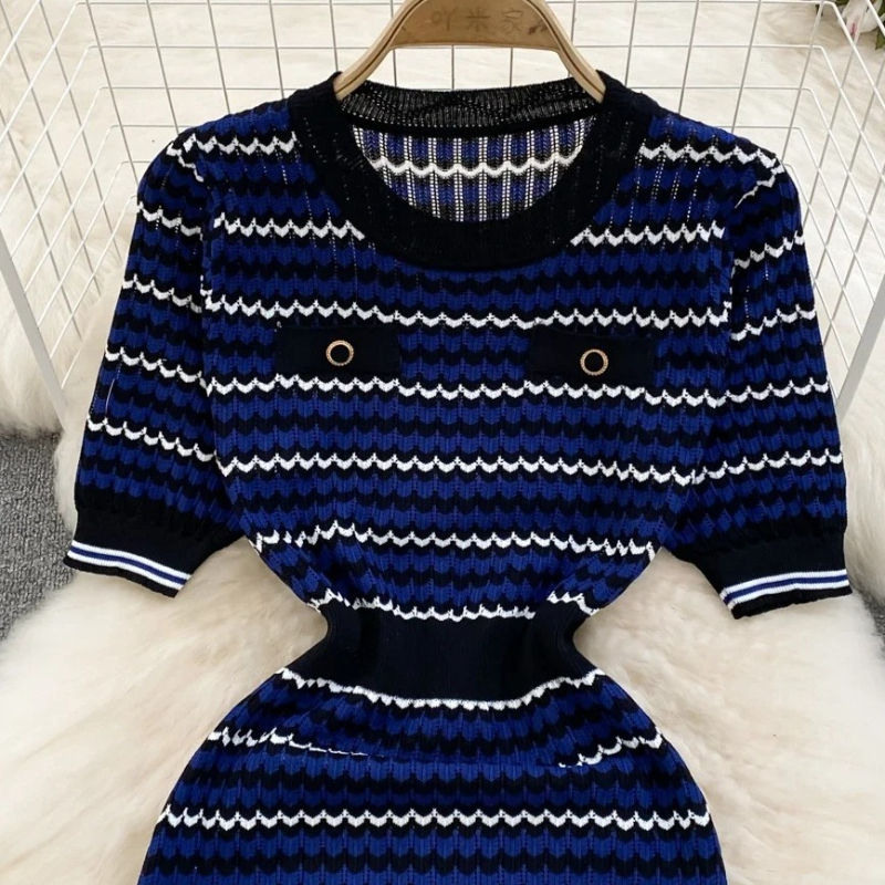 Thumbnail: Women's Blue Geometric Striped Crew Neck Sundress Short Sleeve Stretchy Ribbed K