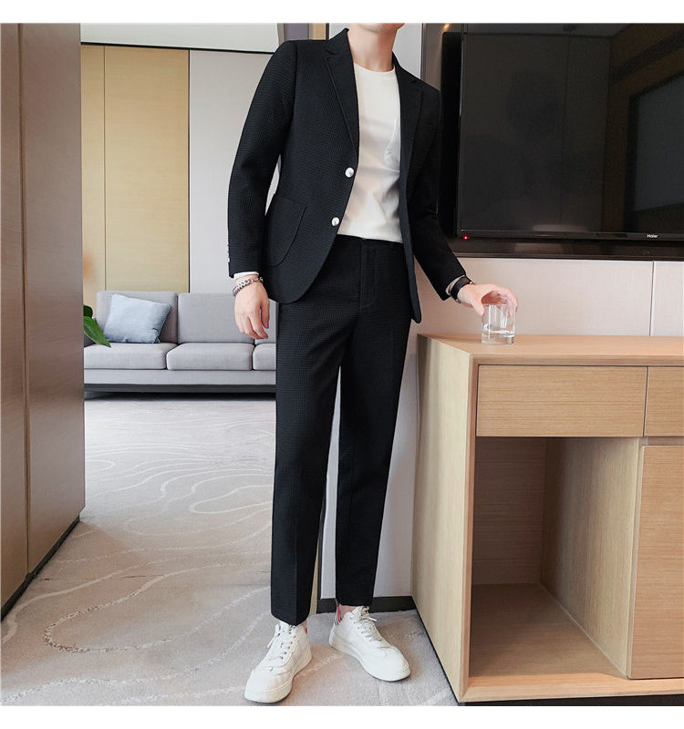 Thumbnail: 2025 New Waffle Blazers +Pant 2 Piece Set Men Fashion Business Slim Fit Solid Tu