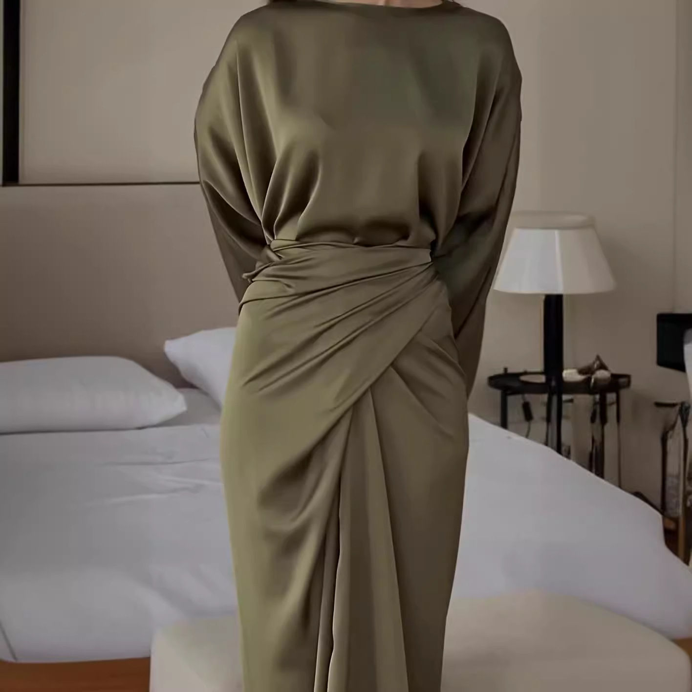 Simple Bat Sleeve Strap Solid Color Dress for Women 2025 Spring Summer New Loose