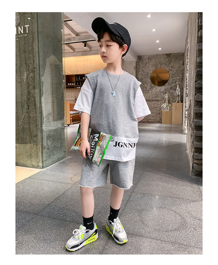 Thumbnail: Summer Children Boy Clothes Set Kid Faux Two-piece Letterr Printed Tshirts and S