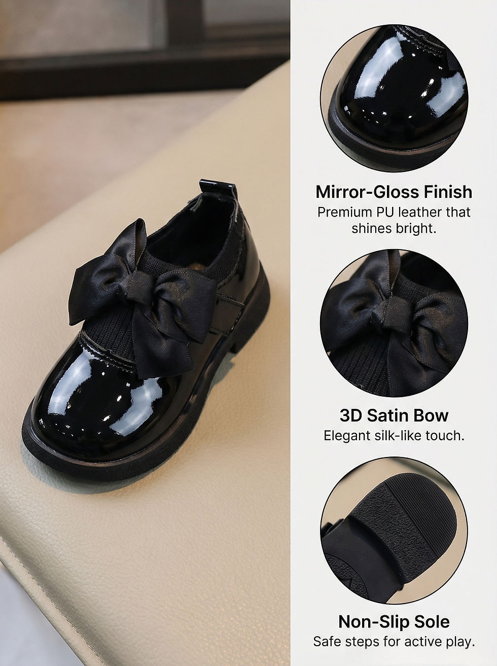 Thumbnail: COMFY KIDS Kids Black Glossy Leather Shoes Bow Decoration 2-8 Years Elastic Coll