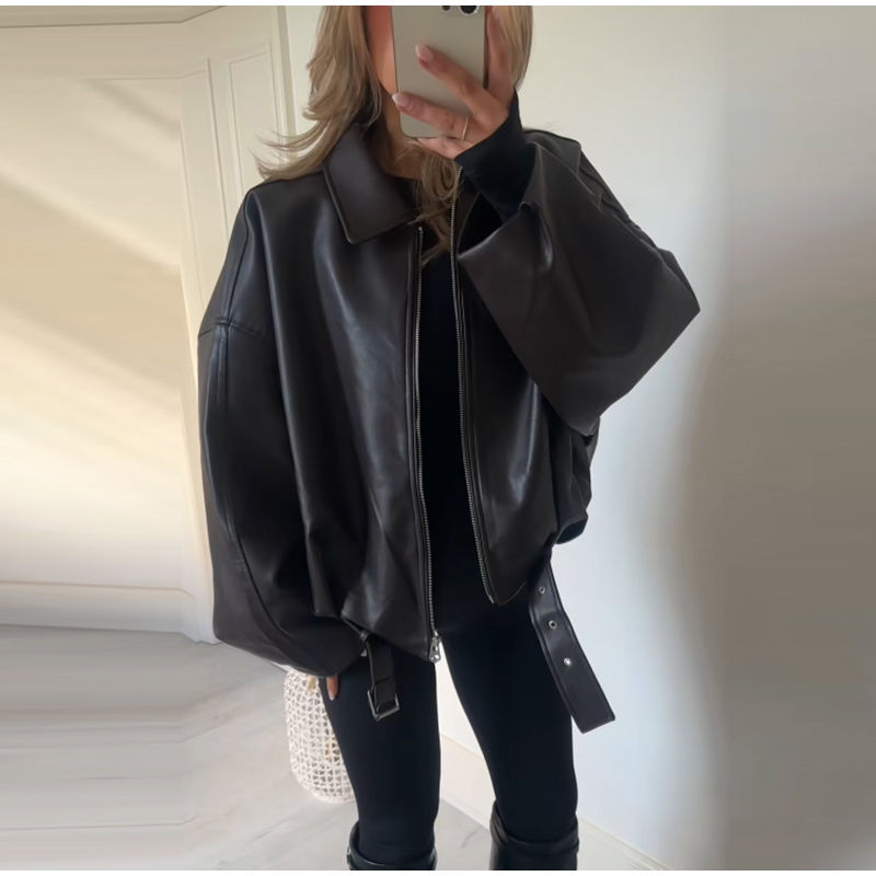 Thumbnail: Vintage PU Leather Bomber Jackets 2025 Autumn New Ladies Zipper Lapel Long Sleev