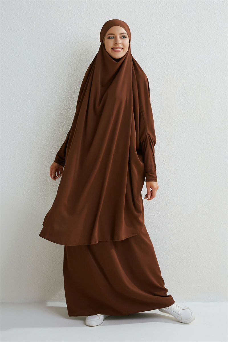 Thumbnail: Muslim Sets Two Pieces Prayer Clothing Long Hooded Smocking Sleeve Shirts Hijab 