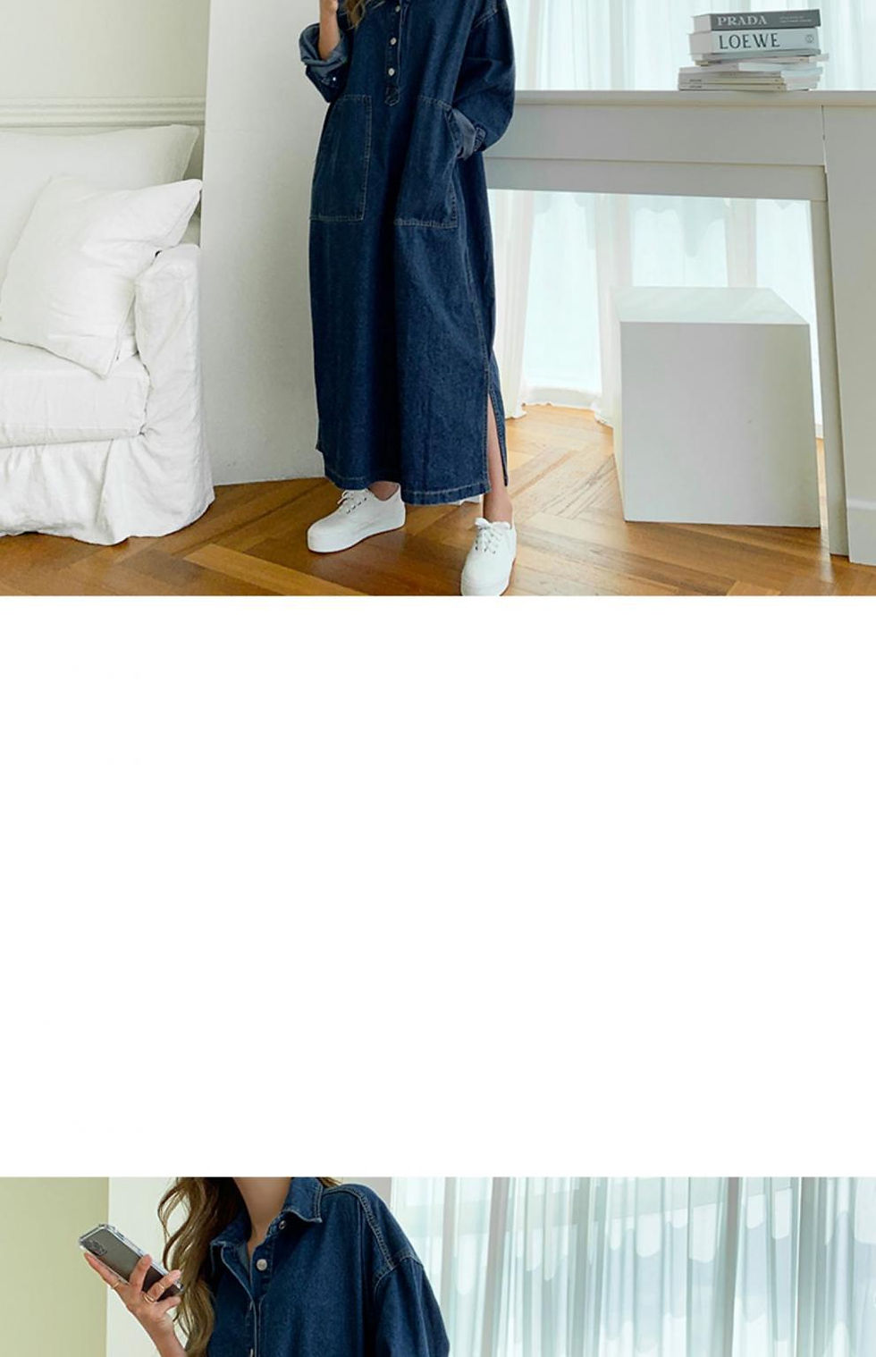 Thumbnail: Women Denim Dress Long Sleeve Y2k Long Dresses Split Washed Vintage Single Breas