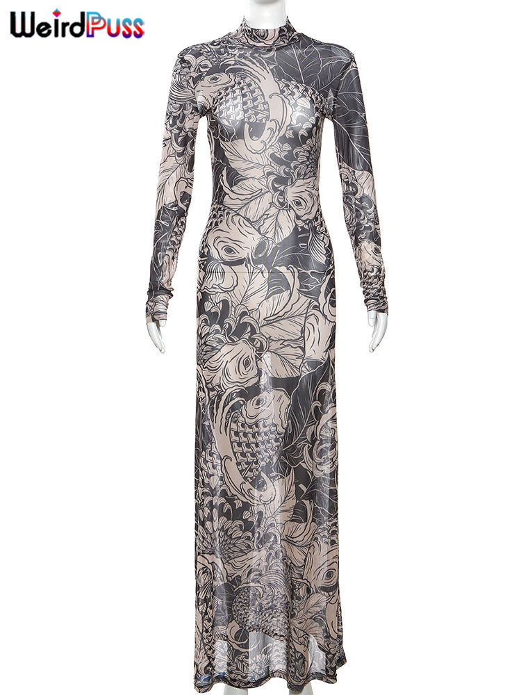 Thumbnail: Weird Puss Mesh Print Women Maxi Dress Turtleneck Full Sleeve Bodycon Autumn Tre