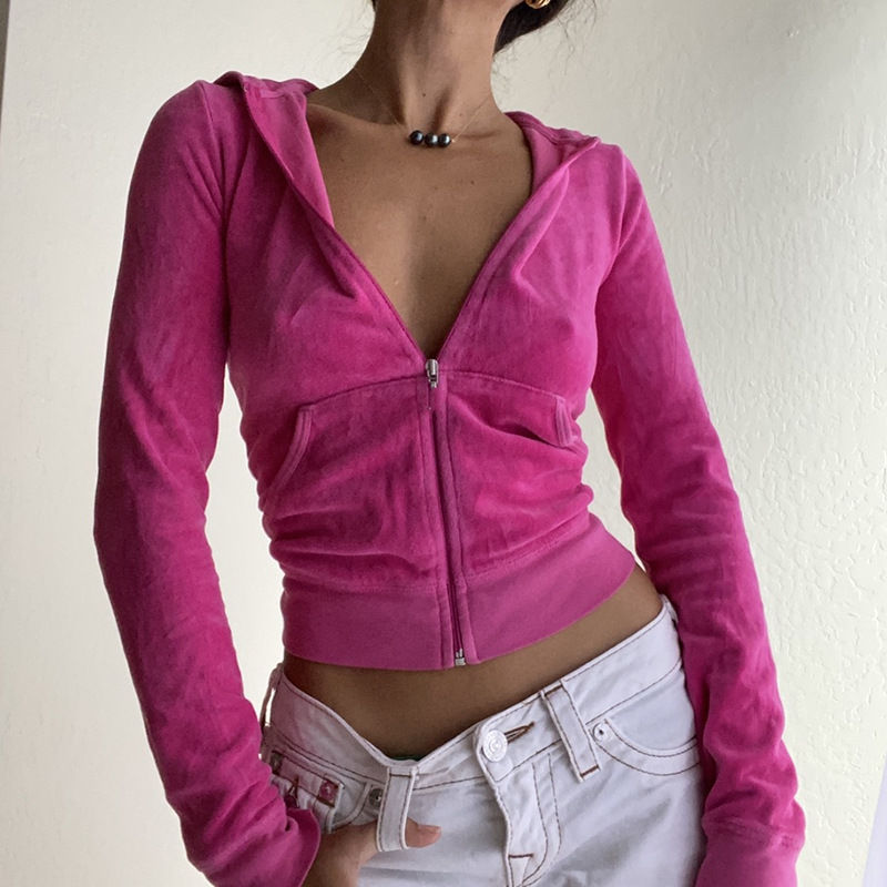 Thumbnail: Y2K Casual Hoodies Sweatshirt with Pocket Women Velvet Zip Up Crop Hoodie Jacket
