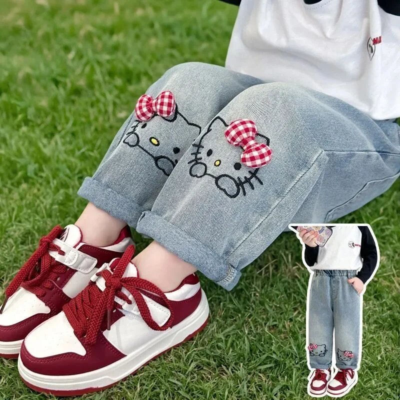 Thumbnail: Spring Autumn Girls Denim Pants Fashion Cartoon Hello Kitty Loose Straight Casua