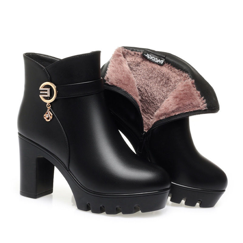 Thumbnail: Autumn Winter Warm Thick Bottom Women's Cotton Boots Velvet Waterproof Block Hig