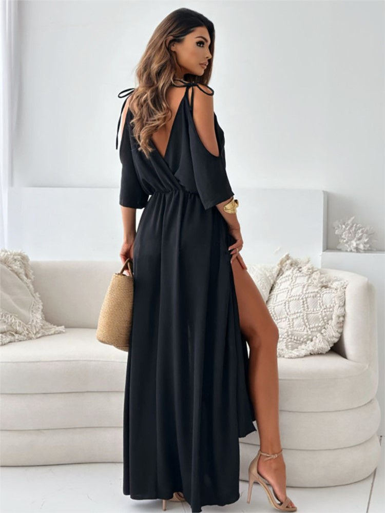 Thumbnail: Summer V-neck Skirt Slit Dress Off-shoulder Sleeves Sexy Spaghetti Strap Dress F