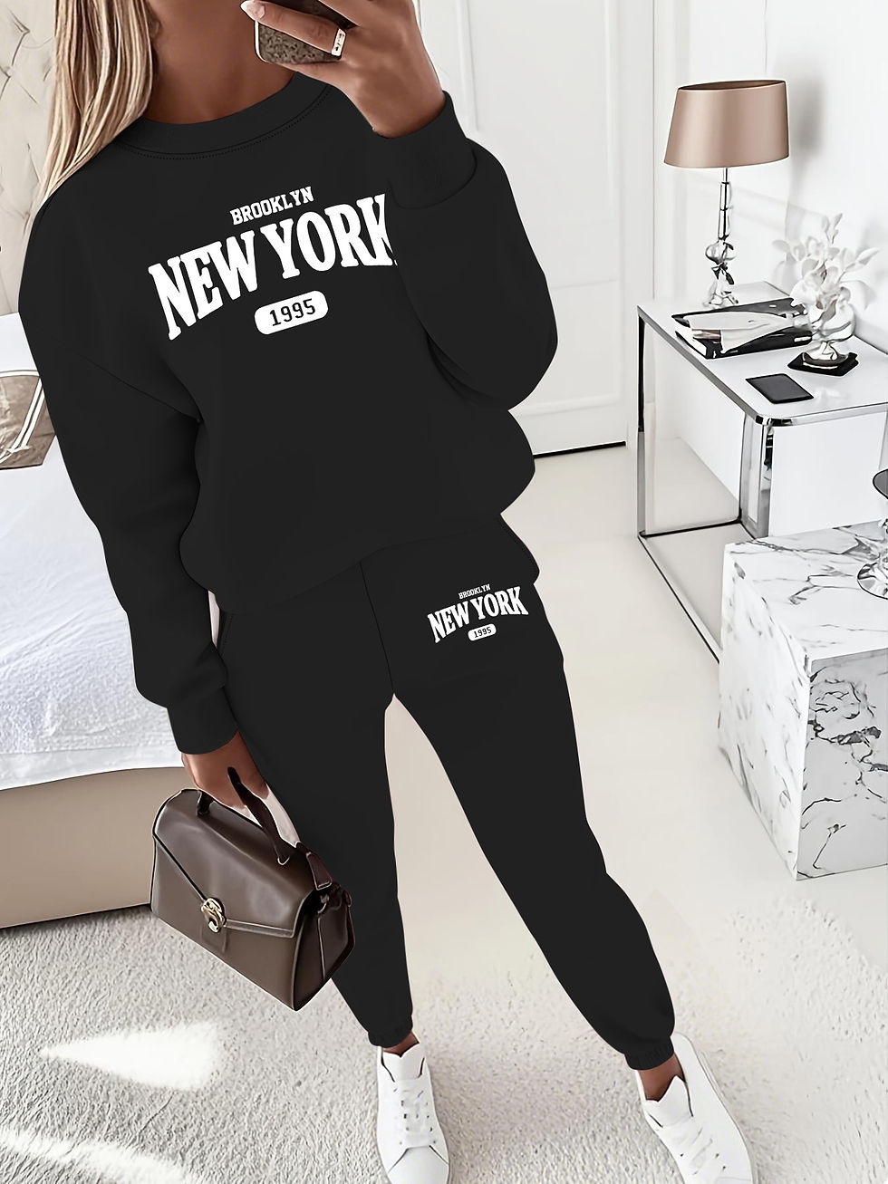 Thumbnail: New York Print Two piece Set Casual Kangaroo Women's Casual Fashion Round Neck S