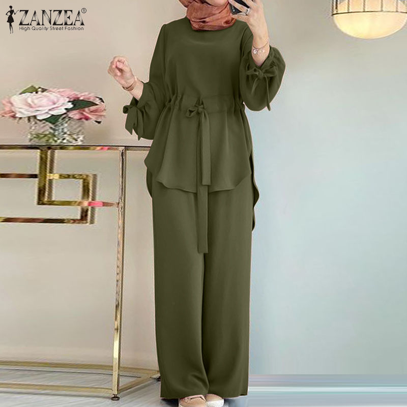 Thumbnail: ZANZEA Muslim Women Matching Sets Long Sleeve Solid Color Tops And Loose Pant Su