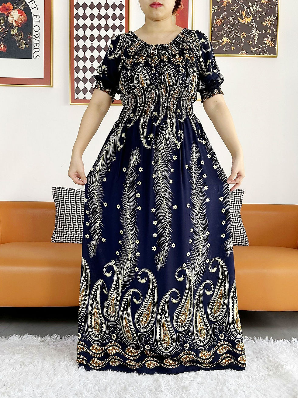 Thumbnail: Women Party Dress Muslim Summer Short Sleeve Long Dress Collect Waist Floral Bou