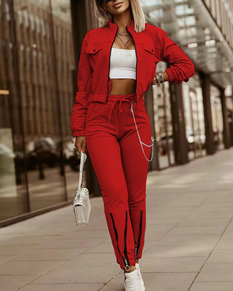 Thumbnail: Women's Spring Summer New Fashionable Zipper Design Long Sleeve Top+Drawstring P