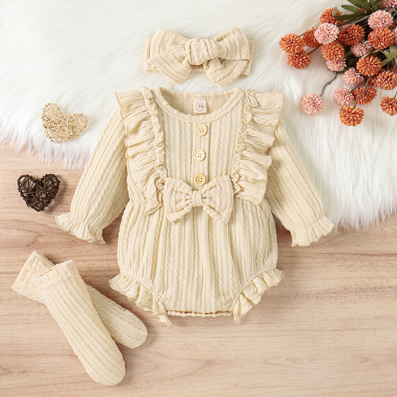 Thumbnail: 0-12M Infant Baby Girls 3Pcs Fall Outfits Long Sleeve Button Front Ruffle Romper