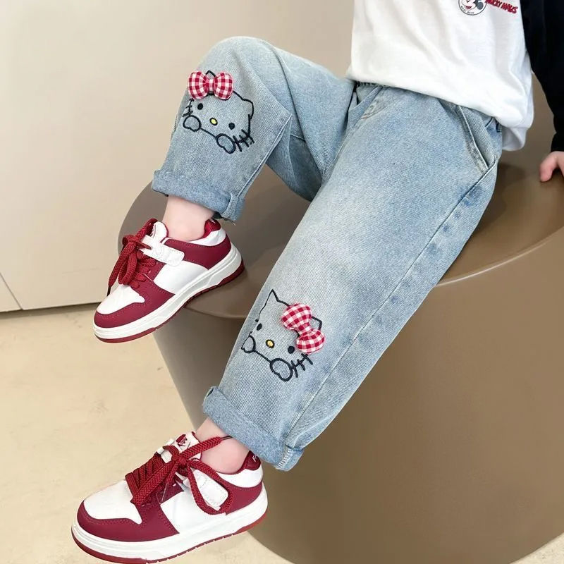 Thumbnail: Spring Autumn Girls Denim Pants Fashion Cartoon Hello Kitty Loose Straight Casua