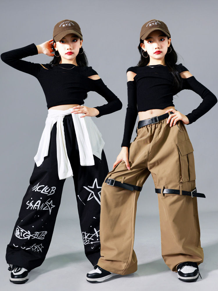 Thumbnail: Girls K-pop Fashion Crop Top Dance Leather Cargo Pants Child Hip Hop Girl Group 