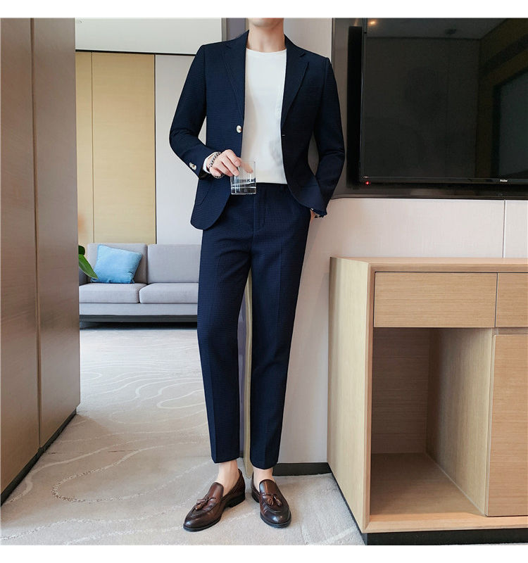 Thumbnail: 2025 New Waffle Blazers +Pant 2 Piece Set Men Fashion Business Slim Fit Solid Tu