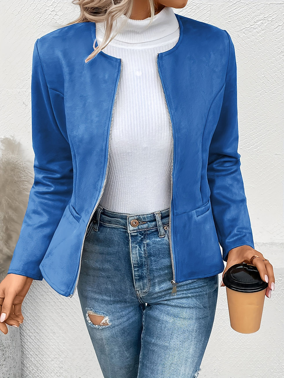 Thumbnail: Women's Fashion Round Neck Slim Fit Top Long sleeved Access Control Zipper Cardi