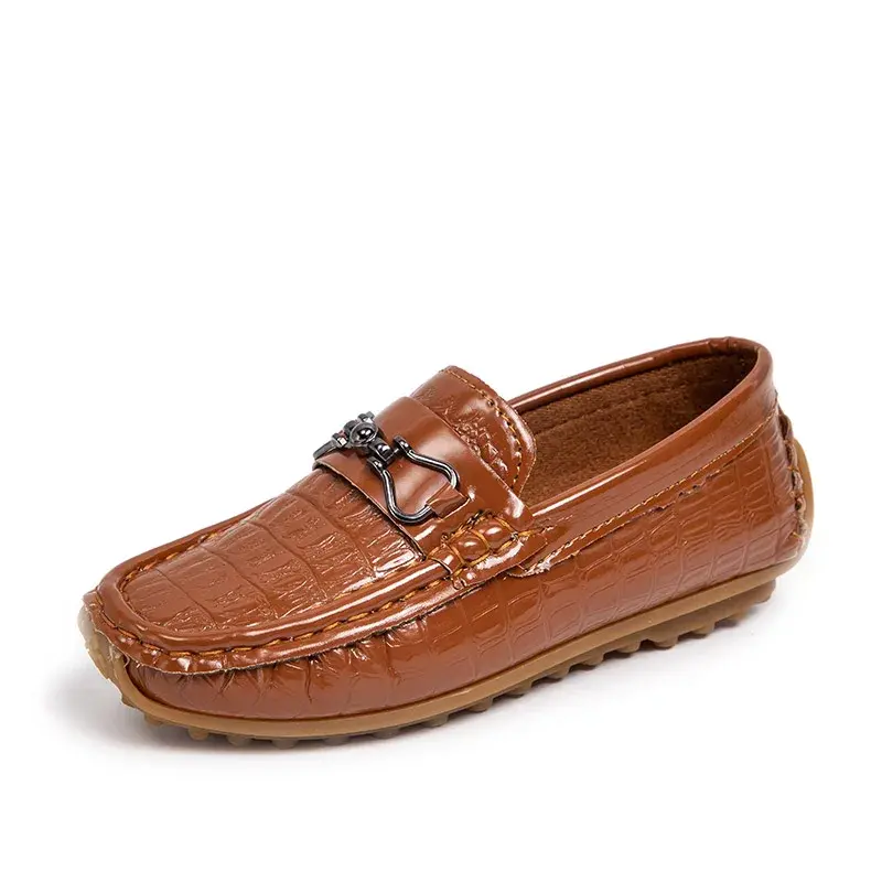 Thumbnail: Boys Leather Shoes Round-toe Flat Soft Kids Fashion Casual Loafers Glossy Metal 