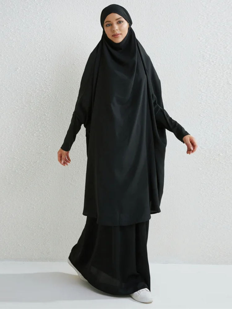 Thumbnail: Muslim Sets Two Pieces Prayer Clothing Long Hooded Smocking Sleeve Shirts Hijab 