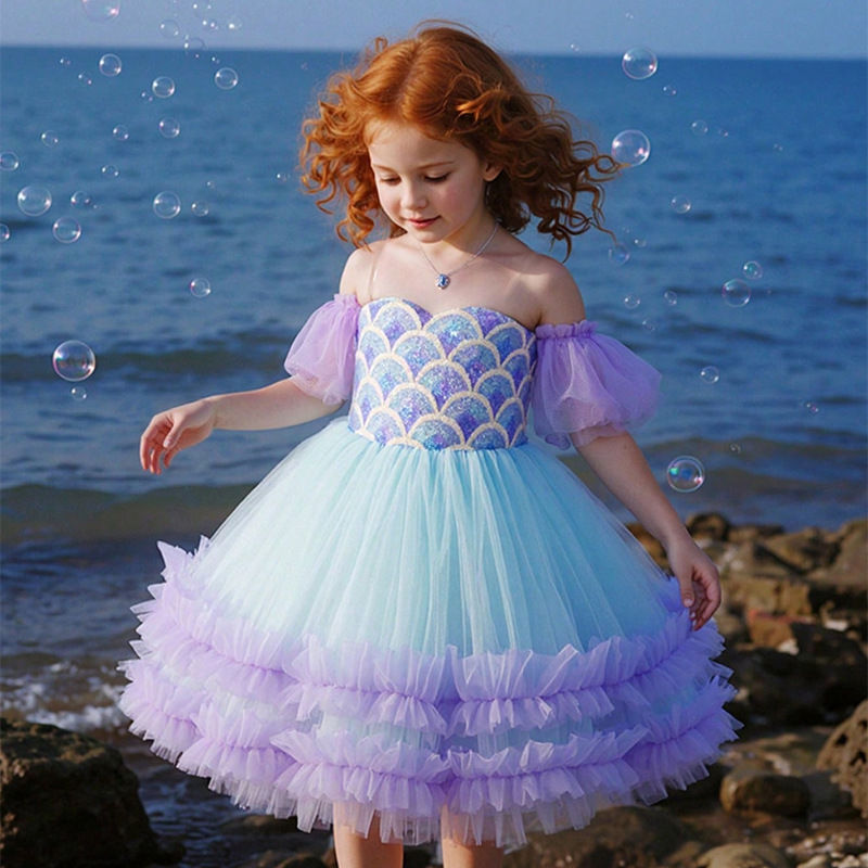 Thumbnail: Mermaid Baby Girls Dress Luxury Sequins Princess Dress Purple Off Shoulder Ruffl